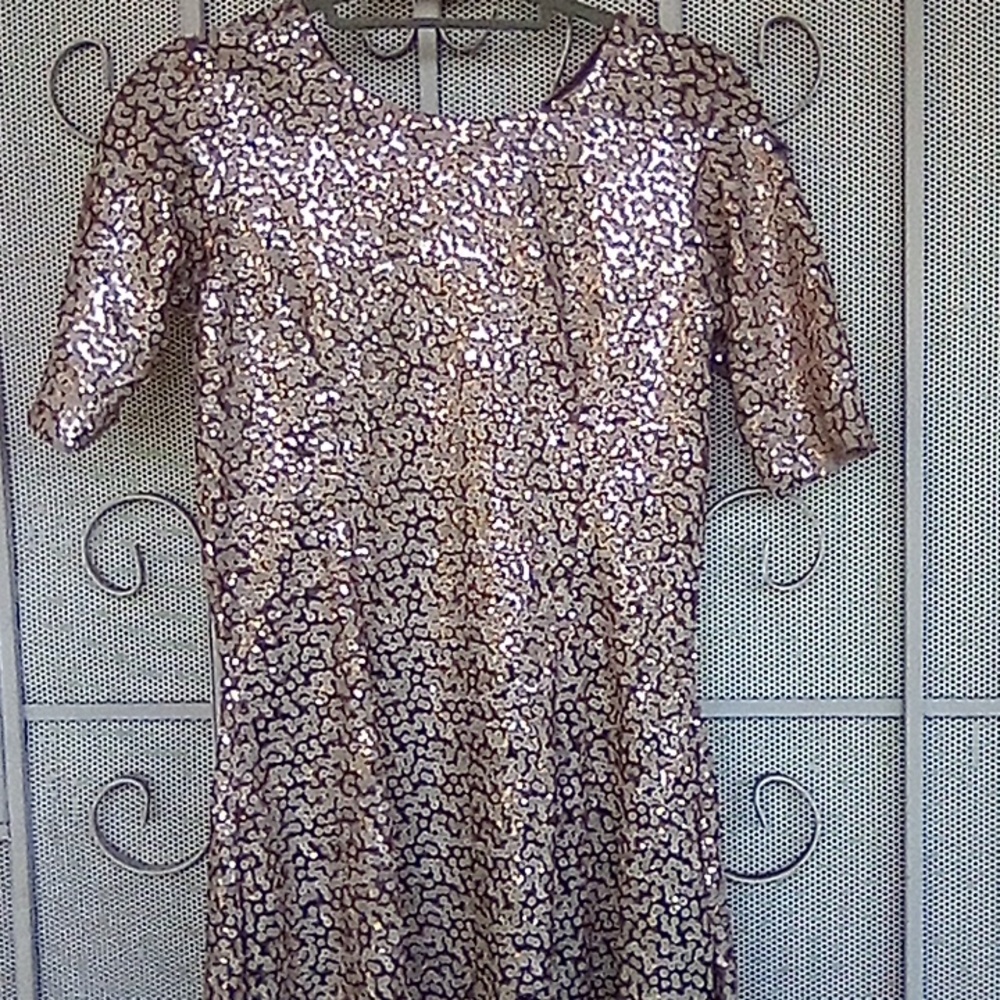Golden Sequined Prom Dress , Fancy Party Gown  Size S.
